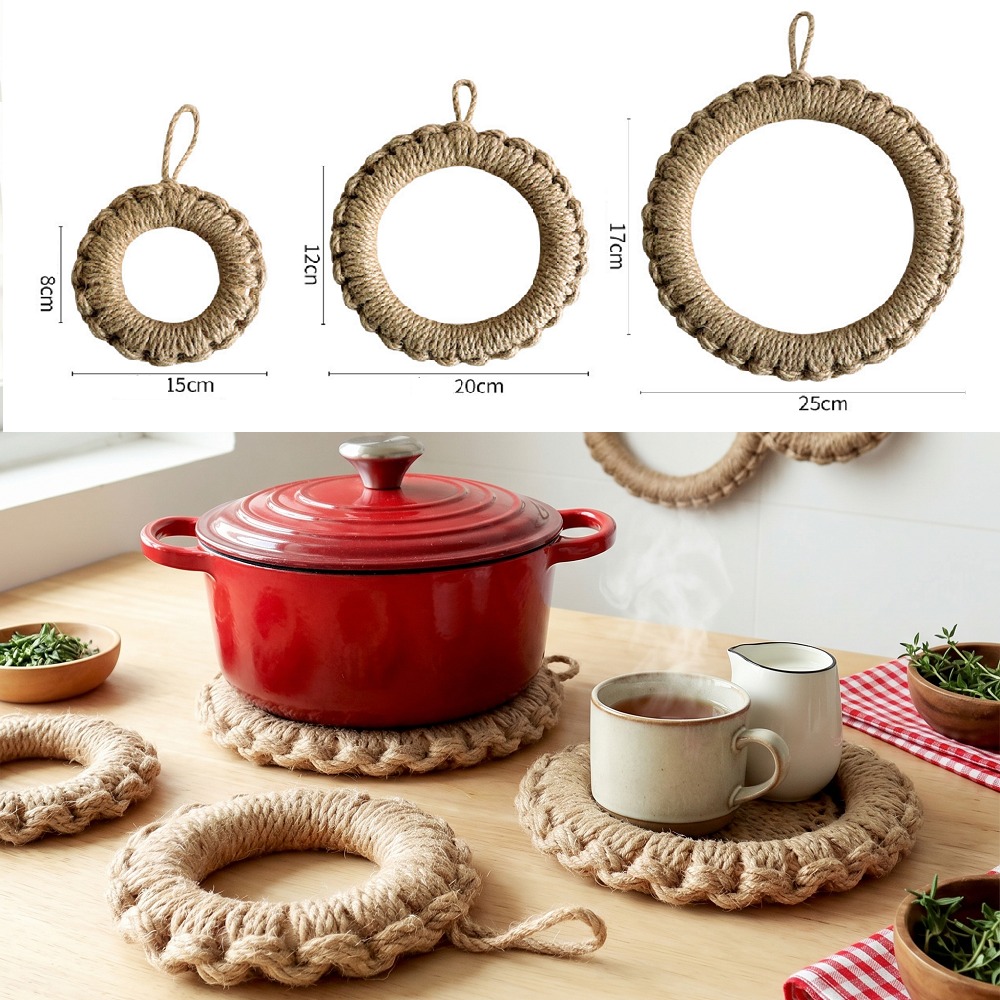 Cast Iron Corn - แผ่นรองกันความร้อนแบบทอจากปอกระเจาสไตล์โบโฮ 2 ชิ้น ทนความร้อนสูง รูปทรงกลม สำหรับหม้อเหล็กหล่อ