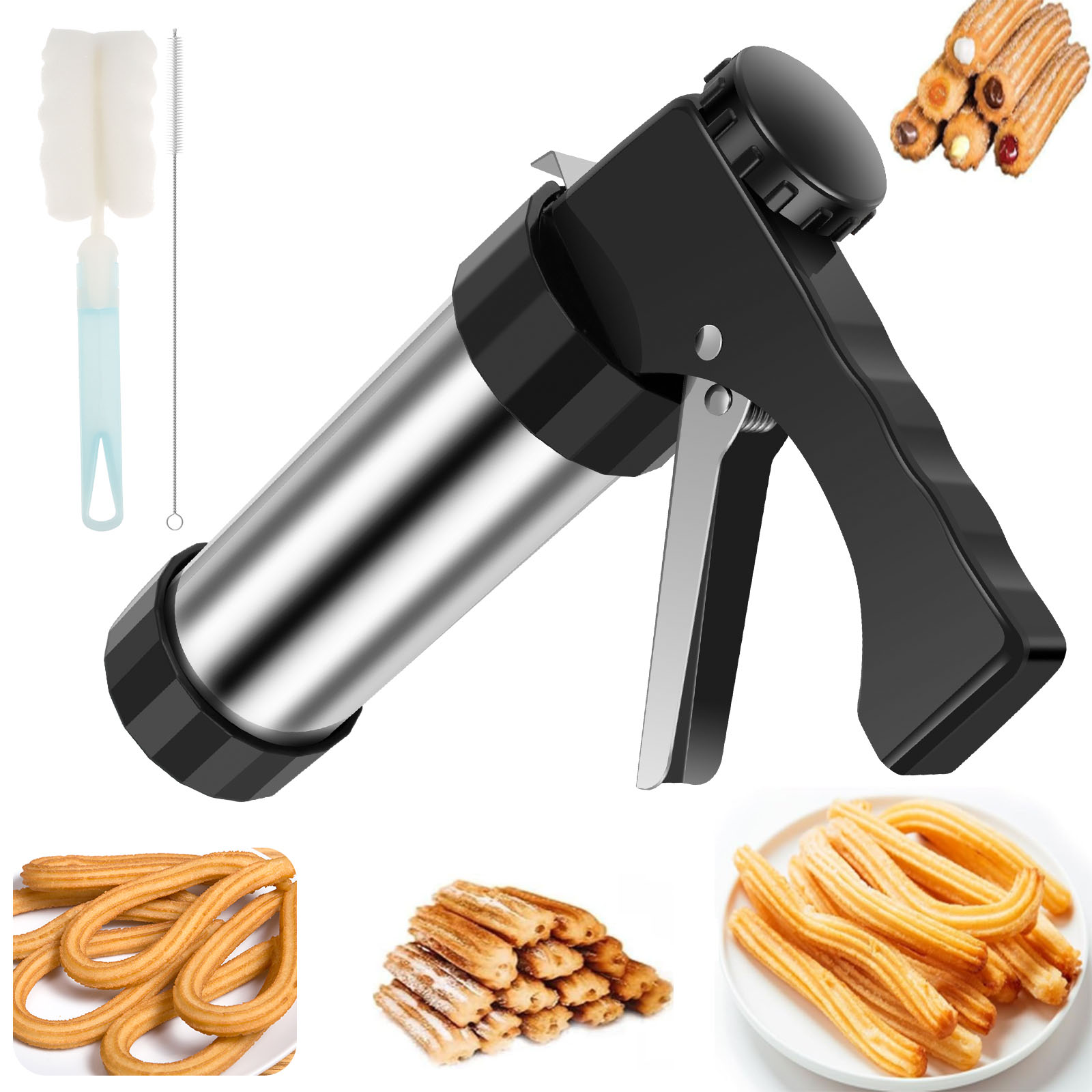 Churros Maker Gun - ชุดเครื่องทำชูโร่ ปืนกดคุกกี้ ชุดอุปกรณ์ตกแต่งเค้กครีมสแตนเลส ปืนแต่งหน้าเค้ก DIY หัวบีบขนมปังและขนมอบ