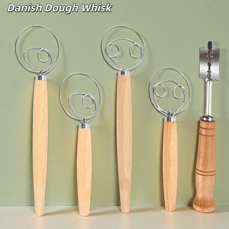 Danish Pancake Pan - ตะกร้อมือตีแป้งสแตนเลส 304 พร้อมด้ามไม้เรียบ สำหรับผสมแป้งซาวโดว์และขนมปัง ขนาด 13
