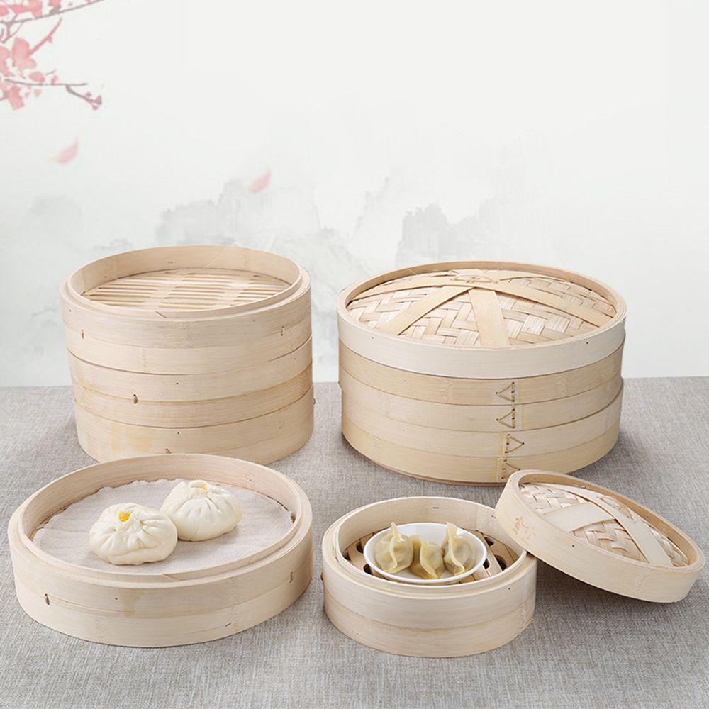 Bao Steamer Bamboo - จับตะกร้านึ่งทําให้อร่อย Bao Buns ชุดเครื่องมือห้องครัวนึ่งพร้อมฝาปิดไม้ไผ่ Steamer Sum