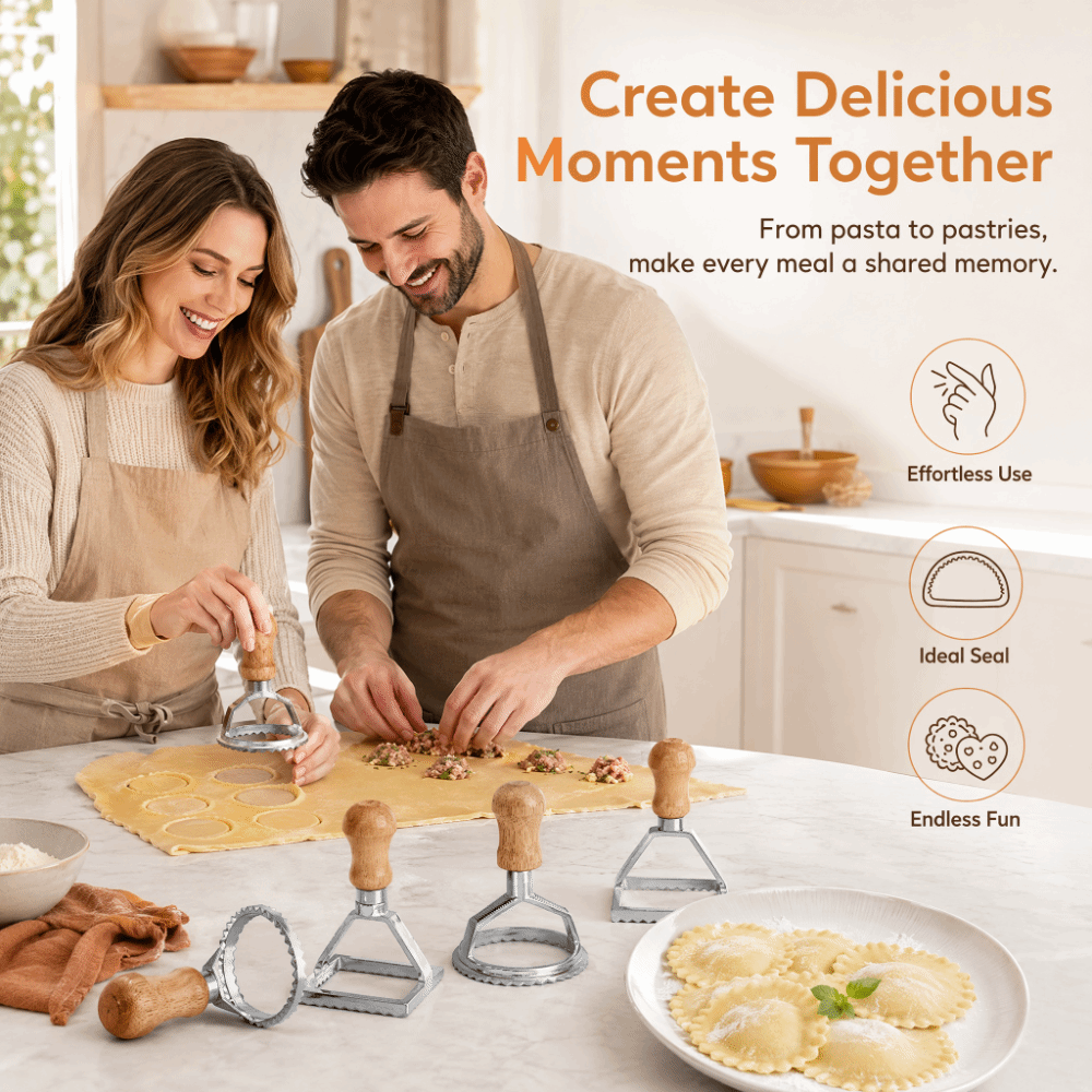 Dumpling Press Set - ชุดเครื่องตัดราวิโอลีแบบตั้งตรง 7 ชิ้น ทำจากไม้เนื้อแข็งและอะลูมิเนียม แม่พิมพ์ทำเกี๊ยวขอบหยัก ที่กดแป้งสำหรับตกแต่งขนมอบ