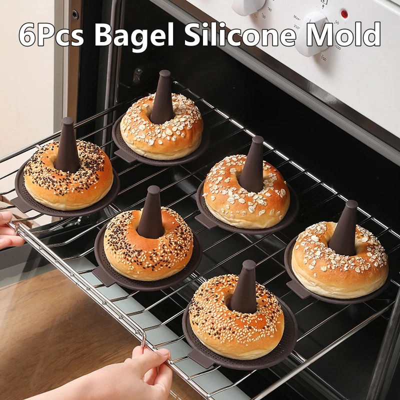 Donut Mold Silicone - ชุดแม่พิมพ์ซิลิโคนเครื่องมือทำเบเกิล6ชิ้นแม่พิมพ์อบเค้กมูสพุดดิ้งแม่พิมพ์โดนัททำซิลิโคนสำหรับงานครัวบ้าน