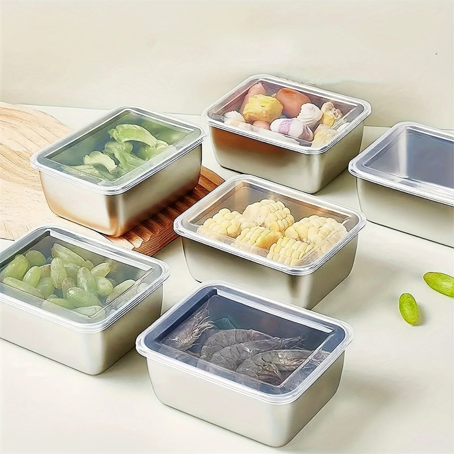 Dim Sum Basket - 1/3/5pcs สแตนเลสกล่องเก็บอาหารสดกล่องพร้อมฝาปิด, สี่เหลี่ยมผืนผ้าไส้กรอกก๋วยเตี๋ยวผลไม้จานฝาครอบ