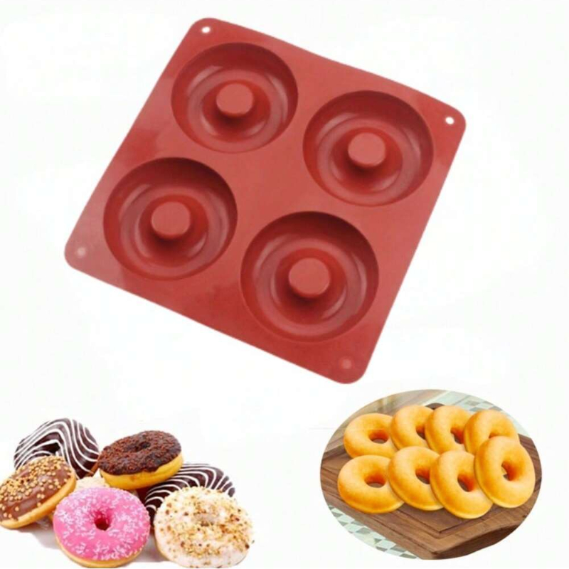 Donut Mold Silicone - แม่พิมพ์ซิลิโคนโดนัท4รู1ชิ้นทนอุณหภูมิสูงเค้กพุดดิ้งเค้กเยลลี่ช็อคโกแลตแบบทำมือเครื่องมือทำขนมอบเค้ก